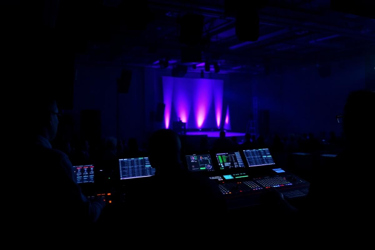 Audio engineers at a front-of-house console during a live event